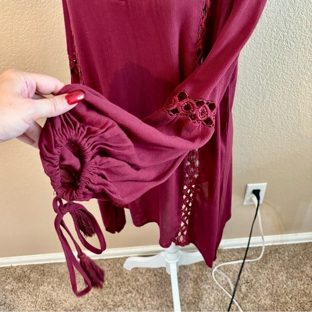 Ecru Lab Dress Small Long Sleeves Crochet Lace Detail Rayon Ties Tassels Boho - Picture 10 of 16